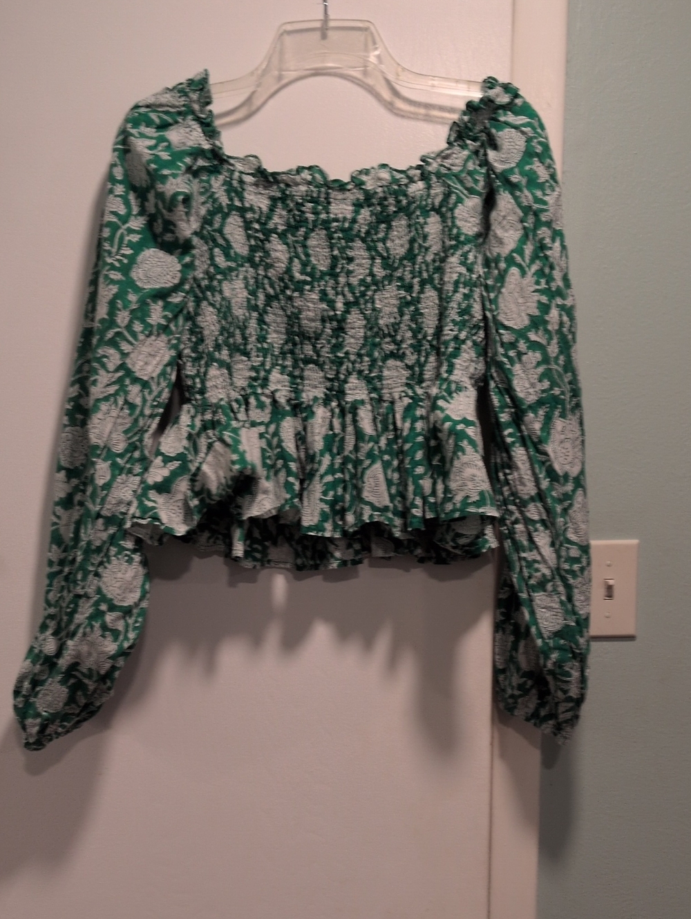 Smocked Green Floral Long-Sleeve Peplum Blouse